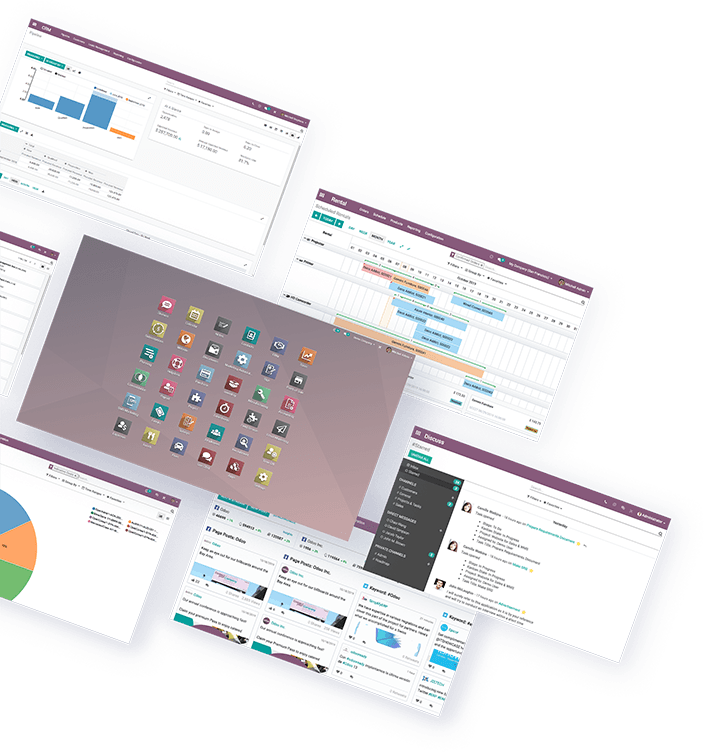 Vistas de módulos de Odoo: CRM, Rental, apps y Discuss